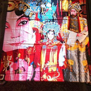 Vintage Large Square Silk Scarf - Asian Motif - Red Black - 43 inch square